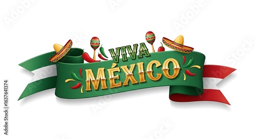 Viva Mexico Celebration Banner with Sombreros, Maracas, and Chili Peppers on White