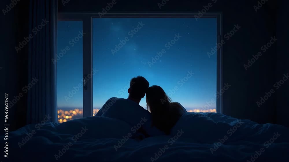 Romantic Silhouette of Couple Stargazing Together Under Panoramic Roof Window - Enchanting Bedtime Experience with Stars - Photo Stock Concept with Empty Space Romantic Silhouette of Couple Stargazing Together Under Panoramic Roof Window - Enchanting Bedtime Experience with Stars - Photo Stock Concept with Empty Space