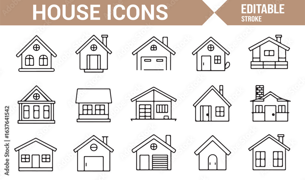 Fototapeta premium A series of house icons representing residential buildings, apartments, cottages, and more.