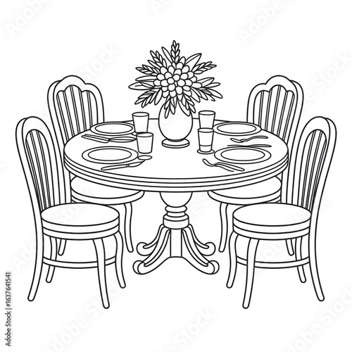 A black and white dining table illustration line art of a coloring page 