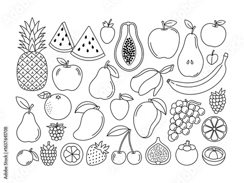 Fruit Variety: A bountiful collection of hand-drawn line art featuring a variety of fresh, healthy fruits, inviting viewers to savor the simple beauty of natural produce.