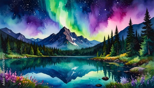 Captivating watercolor painting of the Northern Lights in a starry sky over a tranquil lake, with majestic mountains and a dense forest reflecting in the water