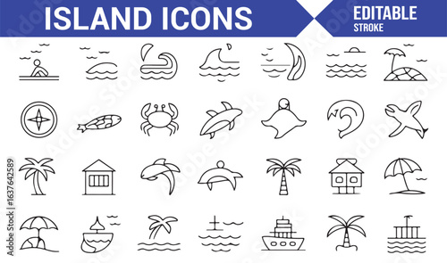 A collection of island life icons featuring wildlife, palm trees, and ocean waves for tropical themes