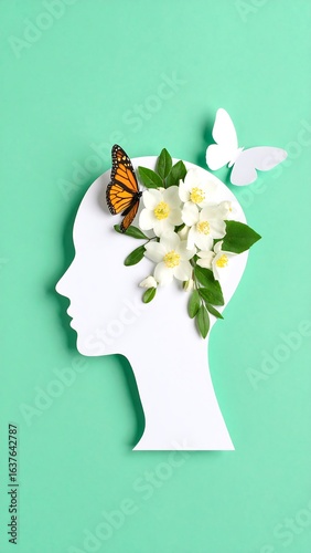 Profile head with flowers and butterflies