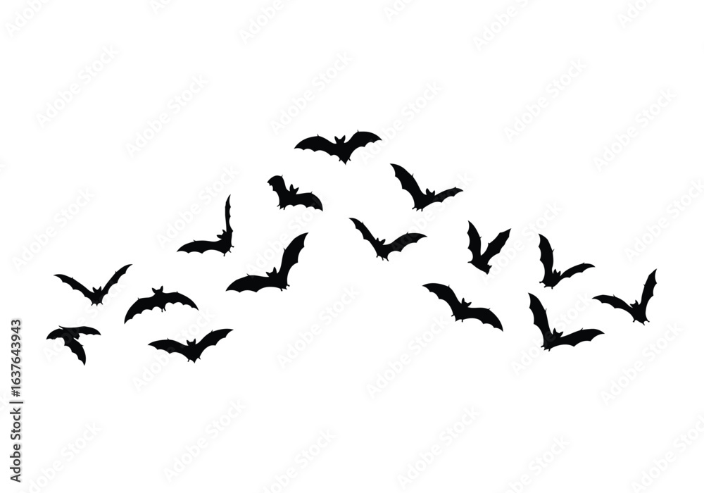 Fototapeta premium A flock of black bat silhouettes flying in an arc formation against a white background.