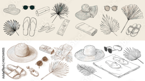 Hand-drawn beach vacation accessories set, featuring sun hats, sunglasses, sandals, flip-flops, towels, and palm leaves in minimal sketch style.