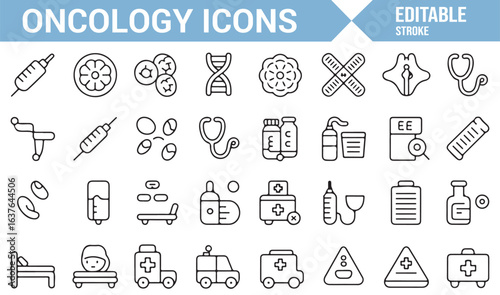 A collection of oncology-related icons depicting medical equipment, cancer care, and healthcare services.