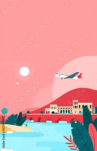 Tropical getaway journey on a flying airplane