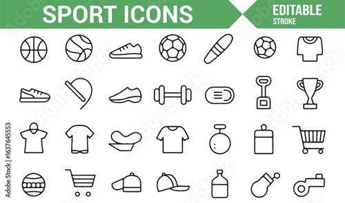 Icon set showcasing fitness gear, sports equipment, and athletic apparel, perfect for active lifestyle designs.