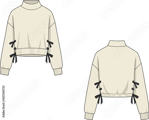 Vector flat sketch of women’s beige cropped sweater with ribbed mock neck, long sleeves, side tie details, and ribbed hem, shown in front and back views