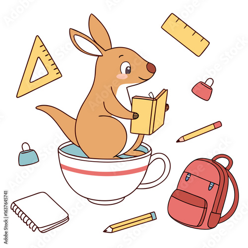 Chalkboard Fun themed SVG: Mischievous Kangaroo with in a teacup in a Back to school environment
