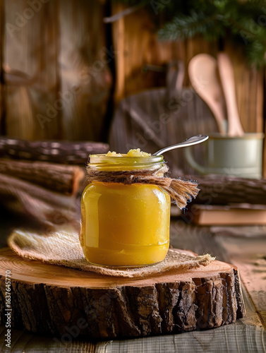Close-up of organic A2 ghee in a glass jar with spoon, placed on rustic wooden log in traditional kitchen setting.