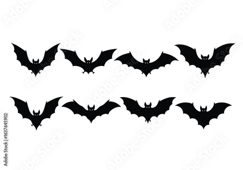 A collection of eight black bat silhouettes in flight, displayed in two rows against a white background, suggesting a spooky or Halloween theme.