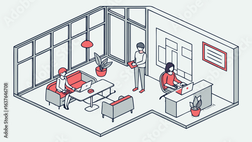 Isometric office space coworking business interior design workplace with people working together creatively