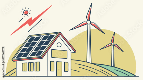 Renewable energy solutions: solar panel and wind turbine powered house for sustainable living and eco friendly home design