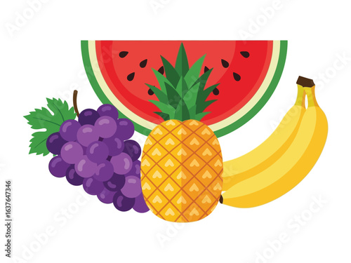 Tropical Fruit Feast: A vibrant assortment of fresh fruits, including a juicy watermelon slice, a golden pineapple, a bunch of sweet grapes, and a ripe banana, creates a visual feast