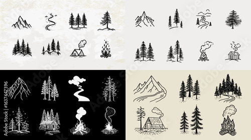 Hand-drawn nature and camping scene elements, including mountains, trees, campfires, tents, and smoke trails, in a vintage sketch style.