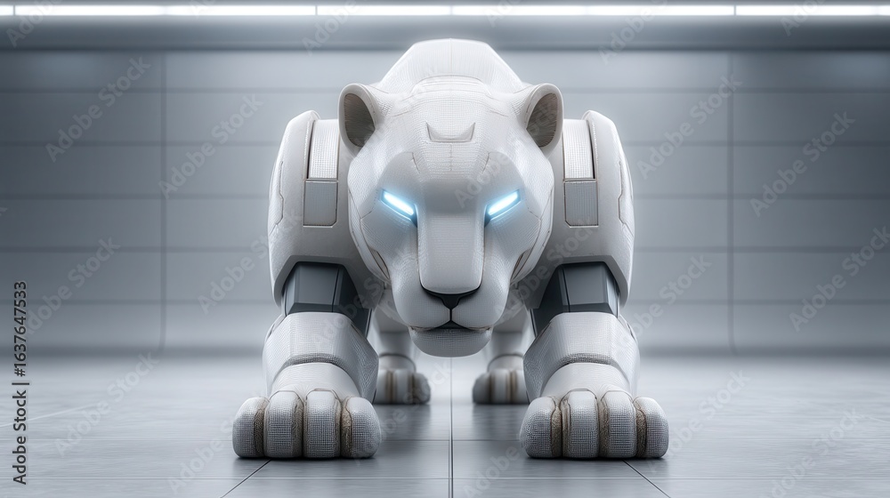 Fototapeta premium A futuristic robotic lion, sleek and white, crouches in a modern environment, illuminated by soft blue lights, combining technology with wildlife aesthetics.