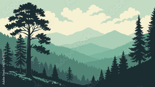 Scenic mountain landscape vector illustration with pine trees forest and cloudy sky background for print design