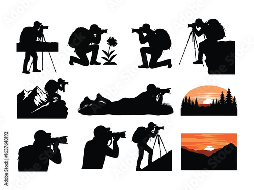 Photographers Silhouette Collection: A set of elegant black silhouettes, each depicting a photographer at work, poised with their cameras capturing varied scenes like landscapes and nature.