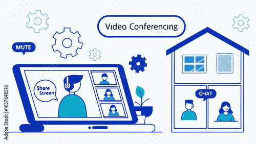 Video conferencing remote work online meeting virtual collaboration webinar from home office concept design