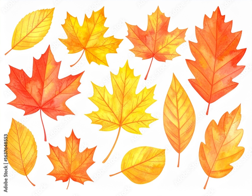 Fototapeta premium A vibrant watercolor set of autumn leaves. A collection of colorful fall foliage including maple and oak, isolated on a white background.