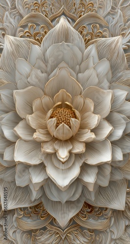 Ornate, sculpted lotus flower in cream and gold, detailed mandala pattern