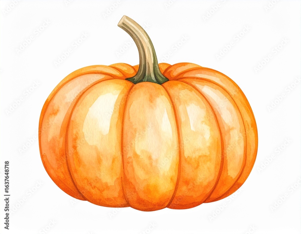 Obraz premium Watercolor illustration of a ripe orange pumpkin, a symbol of the autumn harvest and seasonal celebration.