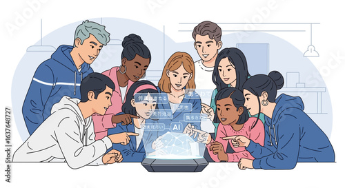 Diverse group of young people collaborate around a futuristic holographic display, examining data together.