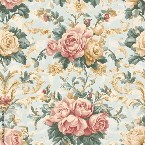 Wallpaper Mural Vintage Floral Pattern with Roses and Elegant Swirls in Soft Colors Torontodigital.ca