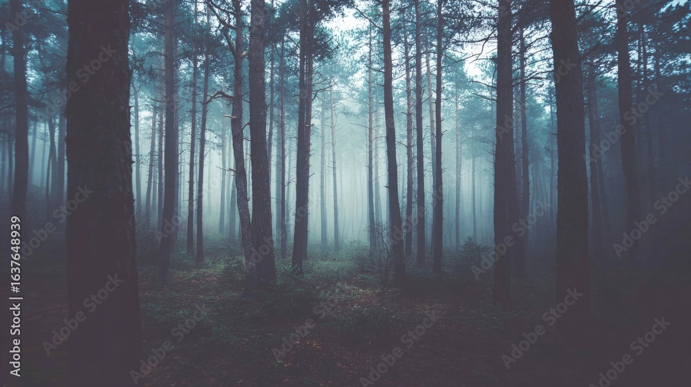 Obraz premium A misty forest at dusk, tall pines shrouded in fog, evoking a sense of mystery and quiet solitude. 