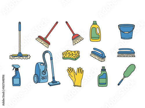Essential Cleaning Tools Illustration: A meticulously crafted illustration showcasing essential cleaning tools for a spotless and hygienic environment. Including vacuum cleaner, broom, brush.