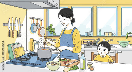 A mother and child in a kitchen, preparing a meal together.