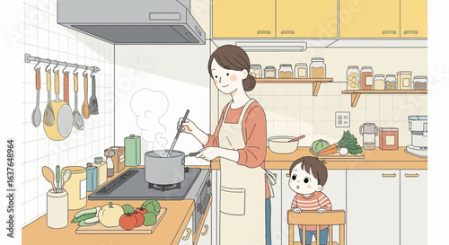 Mother lovingly cooks a meal in her bright kitchen, watched by her toddler.