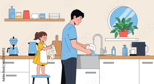 A father and daughter are doing dishes together in a bright, modern kitchen. The father washes while the daughter dries, standing on a stool.
