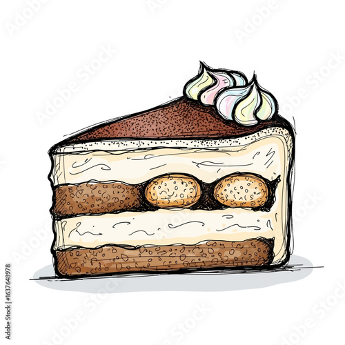 Food Vector Illustration of Tiramisu Cake Slice Dessert Italian Food Sketch Style Hand Drawn Look Vector Sweet Pastry Design