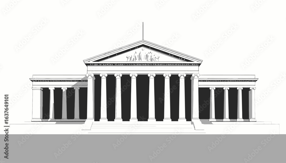 Obraz premium A minimalist black and white illustration of a grand neoclassical building, featuring a prominent colonnade and pediment. A symbol of classicism, history, and institutional architecture.
