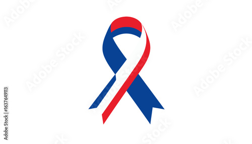 Patriotic red, white, and blue awareness ribbon symbol for support campaigns and national remembrance, isolated vector graphic.
