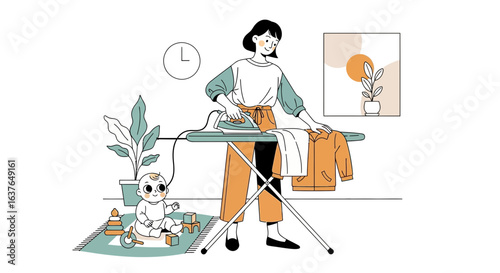 Woman ironing clothes while her baby plays nearby in a minimalist home.