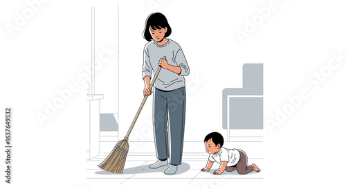 Mother sweeps floor while toddler crawls nearby, domestic scene, simple illustration.