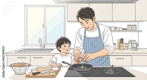 Father and son cooking together in a kitchen, demonstrating a meal preparation.