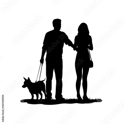 Silhouetted couple walking dog isolated on white, silhouette featuring man and woman strolling together, dog on leash. Dark silhouette contrasts against plain background
