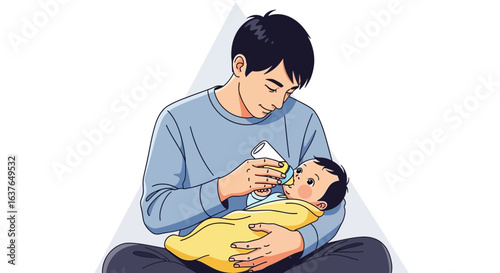 A father lovingly feeds his baby from a bottle, showing gentle care and affection.