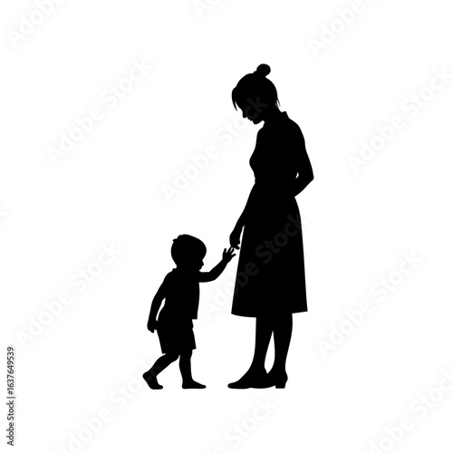 Silhouette of woman and child holding hands, a maternal silhouette of tenderness, love, and care. Mom with toddler silhouette shows relationship and family bond in simple form