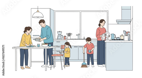A family of four working together in a kitchen, preparing and cleaning up after a meal.