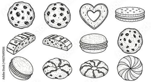 Food Vector Illustration Featuring an Assortment of Pastries Cookies and Sweets in Vintage Style Black and White Sketch