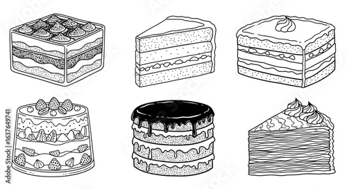 Vector Illustration Set with Cake Dessert Design in Doodle Style for Bakery or Cafeteria Menu