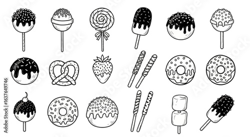 Illustration Art Vector Collection with Candies Doughnuts and Sweets Desserts in Black and White Outline Style