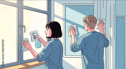 Couple cleaning windows together, sunlight streaming in, domestic chores, teamwork, spring cleaning.