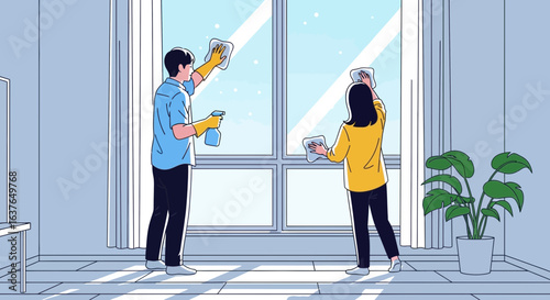 A couple cleaning a large window together, with cleaning supplies and a potted plant nearby.